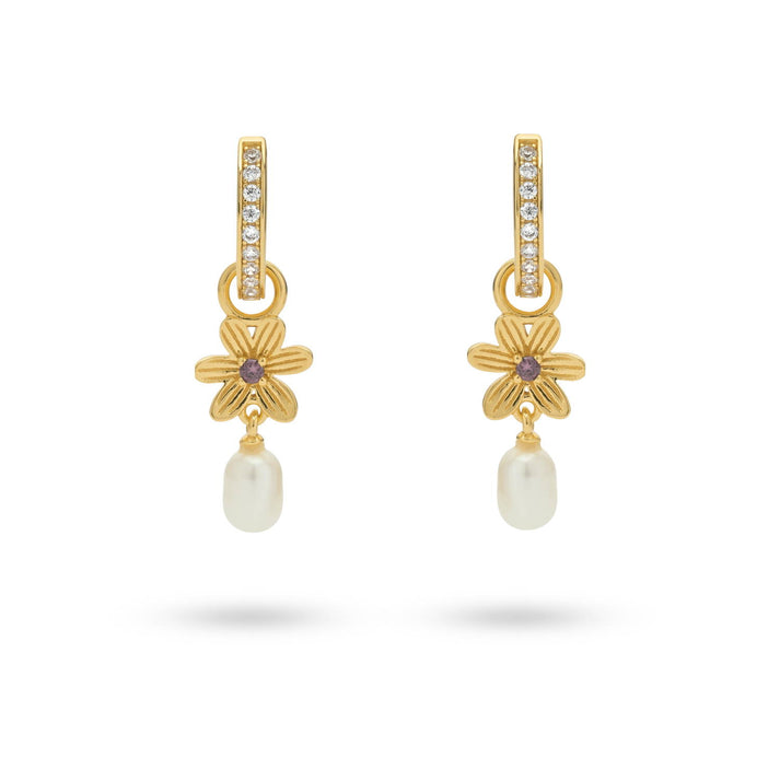 24kae Oorbel met bloem en zoetwaterparel - 424124Y