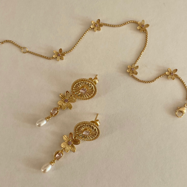 24kae Armband Met Kleine Bloemen En Roze Steen - 22477Y