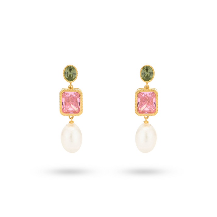 24kae Bold earring with colored stones and sweetwater pearl - 434004B