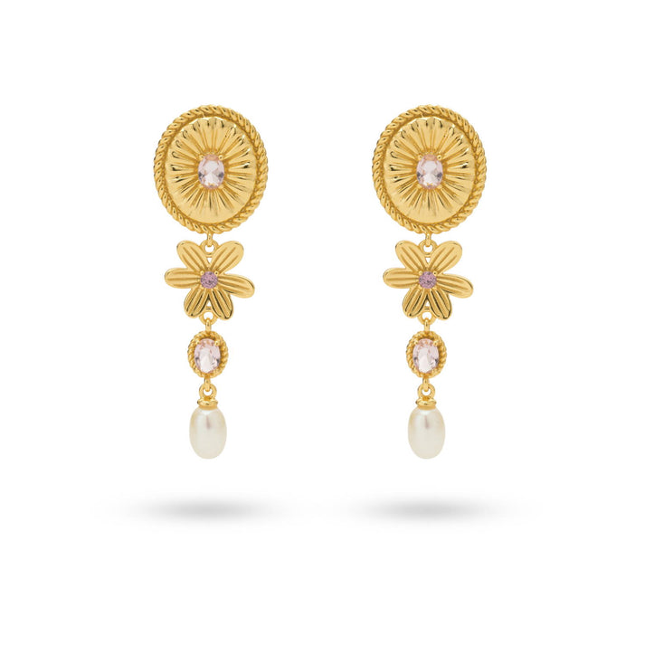 24kae Statement oorbel met gekleurde stenen en zoetwaterparel - 424123Y