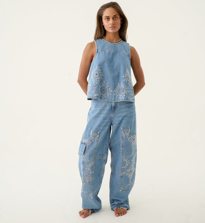 Anna Nina GANNI Denim Broderie Anglaise Top Blue