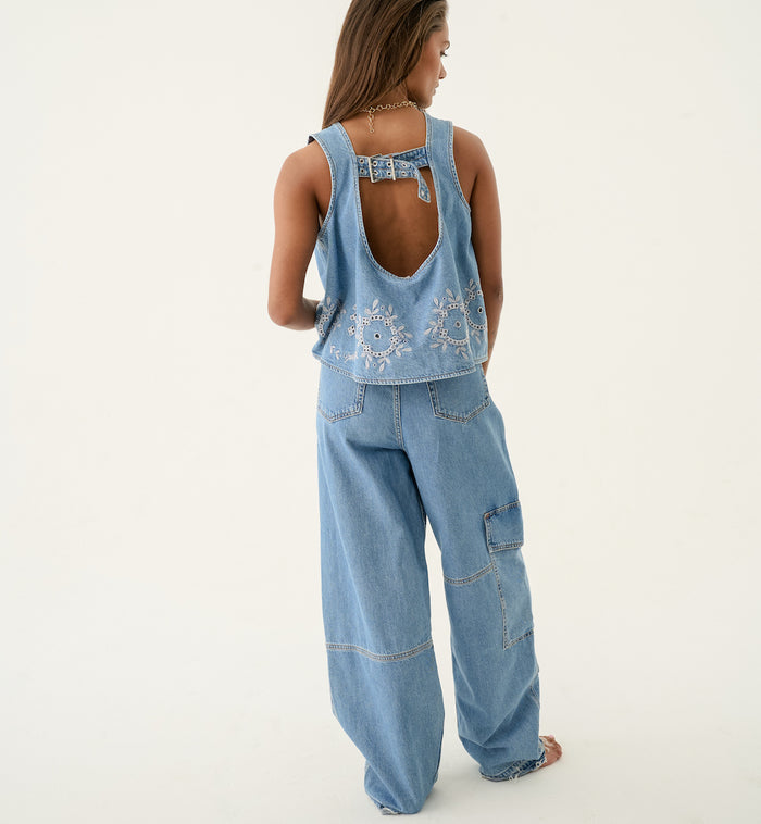 Anna Nina GANNI Denim Broderie Anglaise Top Blue