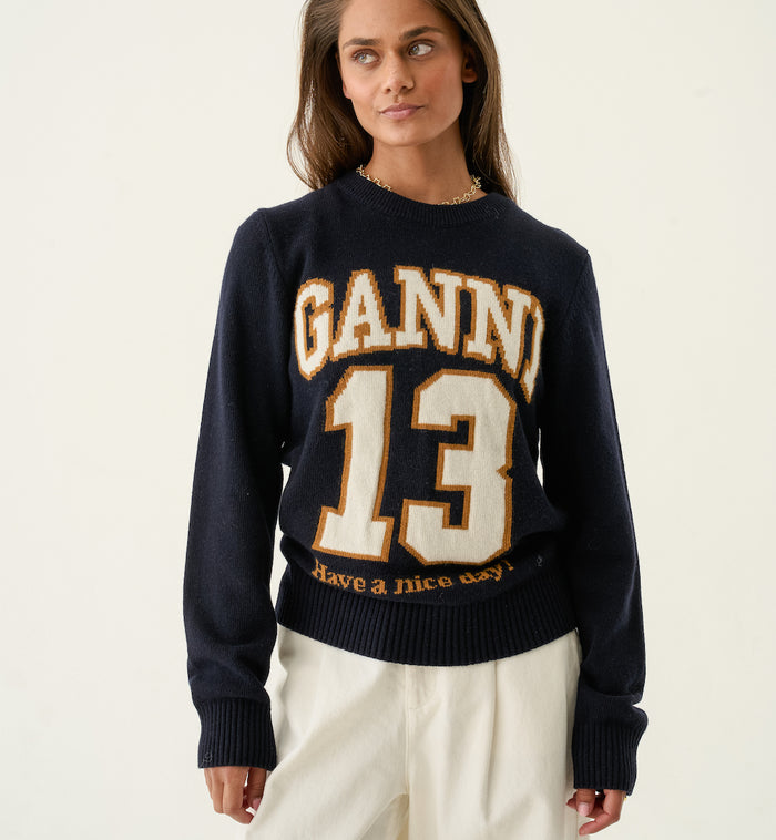 Anna Nina GANNI Graphic Baseball Crewneck Blue