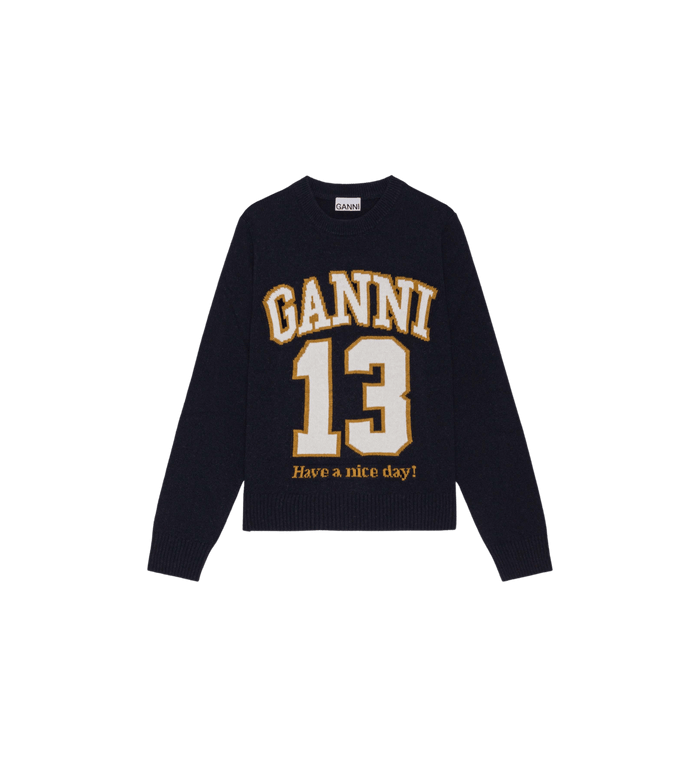anna nina GANNI Graphic Baseball Crewneck Blue
