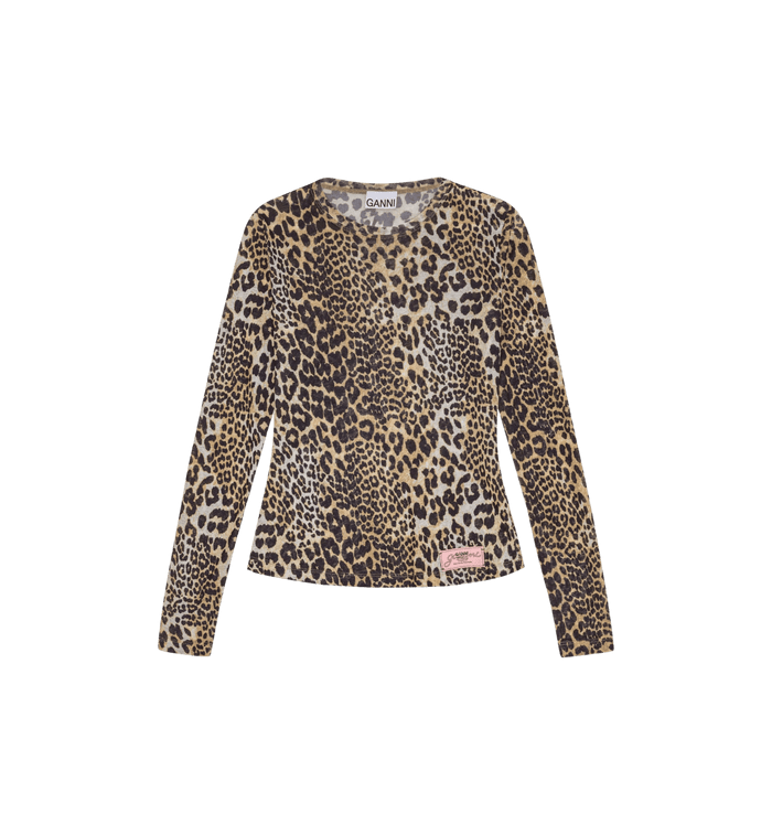 anna nina GANNI Leopard Mesh Long Sleeve Top Brown