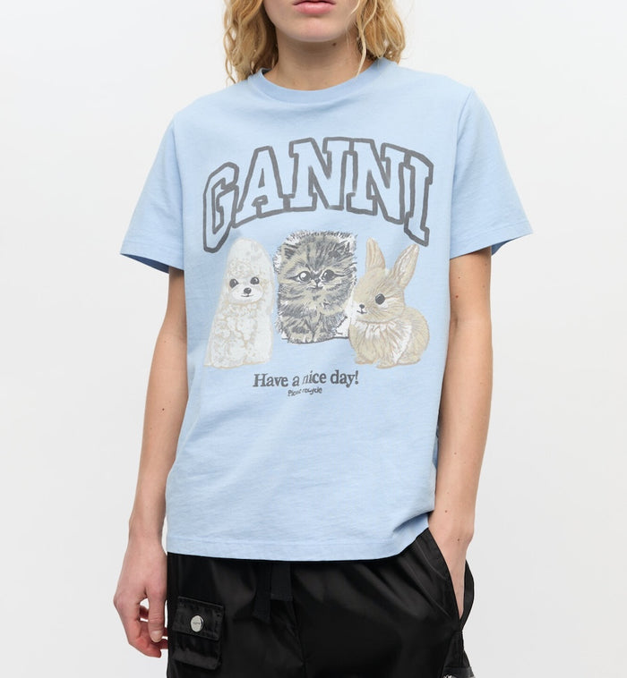 Anna Nina GANNI Jersey Animals Relaxed T-Shirt Blue