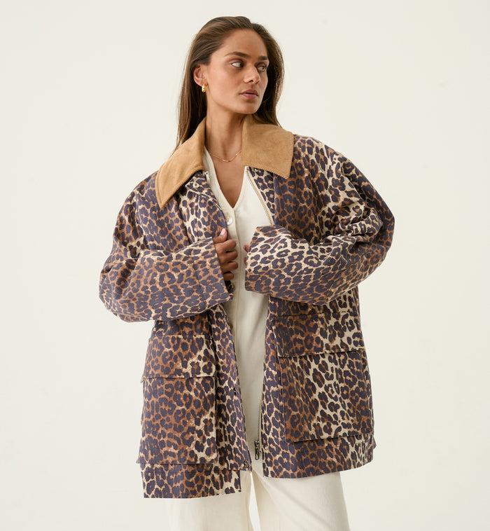 Anna Nina GANNI Leopard Printed Canvas Midi Jacket Brown
