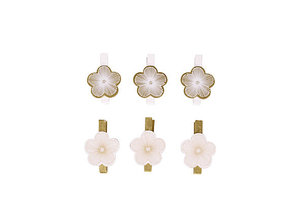 ava Clip Met Bloem Hout Wit/Goud 4 7cm 6 Stuks