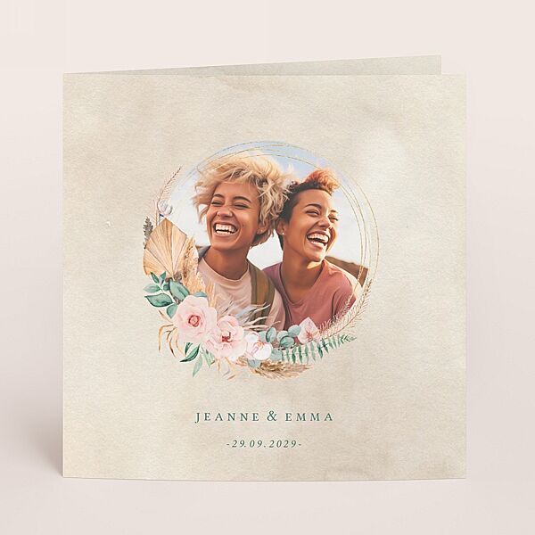 ava Vierkante trouwkaart met bloemenkrans en foto