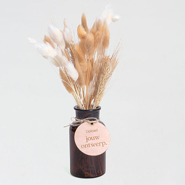 ava Bruin vaasje met droogbloemen naturel/wit en houten label