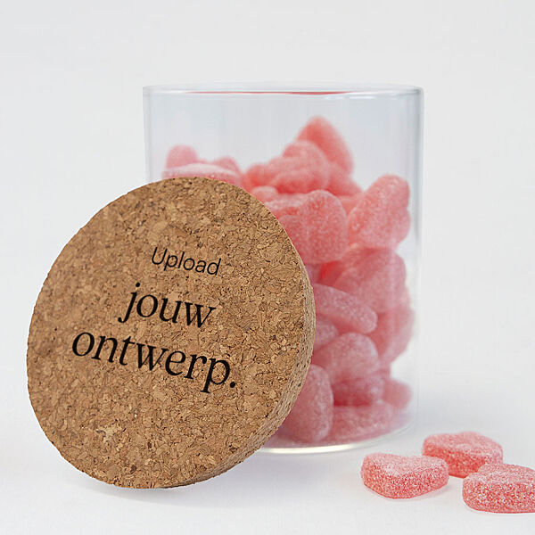 ava Gevulde snoeppot met kurken deksel en eigen ontwerp - Hartjessnoep