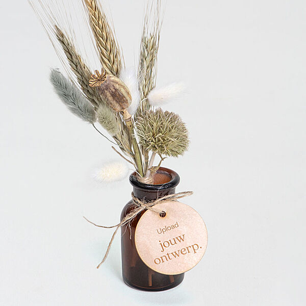 ava Groene droogbloemen in bruin vaasje met gepersonaliseerd houten label