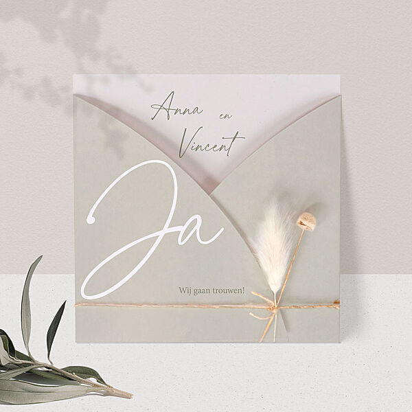 ava Pochette trouwkaart 'Ja' met touwtje (en droogbloem*)
