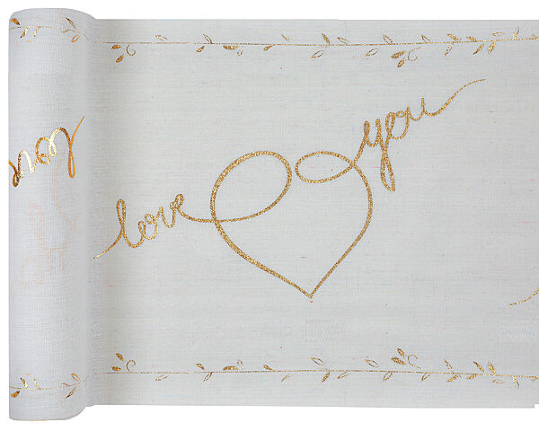ava Tafelloper "Love You" Wit Katoen Met Gouden Opdruk 30cm x 3m