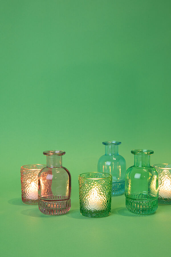 Ava Theelichthouder Glas Pistache Met Reliëf H 6 5cm Ø 5 5cm