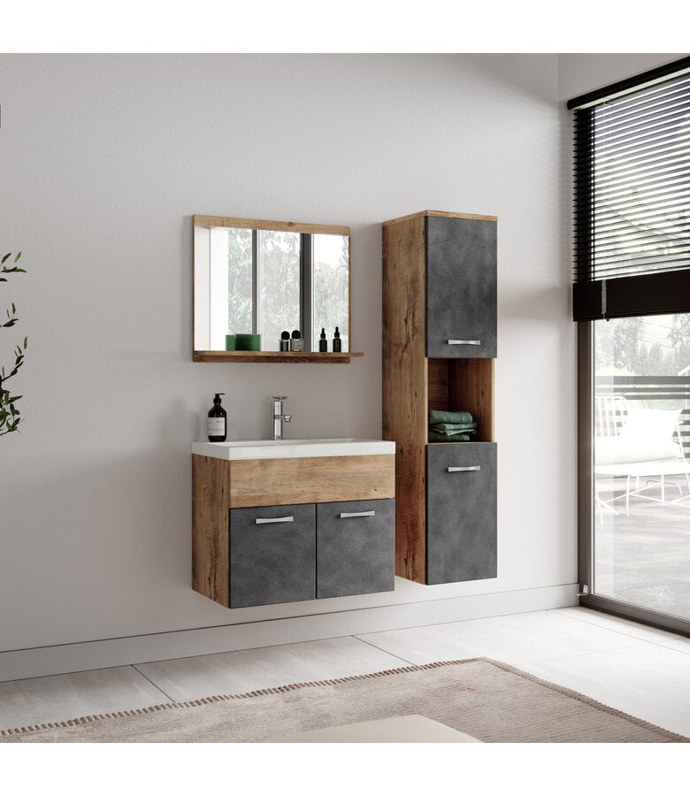 Badplaats Badkamerkast Montreal 30 X 30 X 131 Cm - Kastanje Eiken Met Donker Grijs
