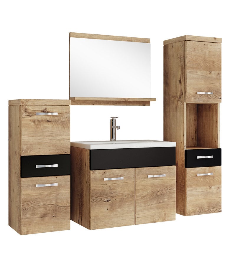 badplaats Badkamermeubel Alba 60cm complete set - kastanje eiken met mat zwart