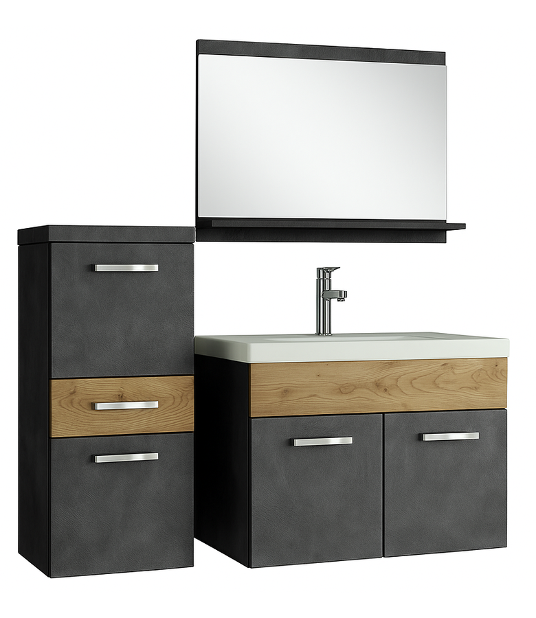 badplaats Badkamermeubel Alba 60cm met zijkast - donker grijs met kastanje eiken