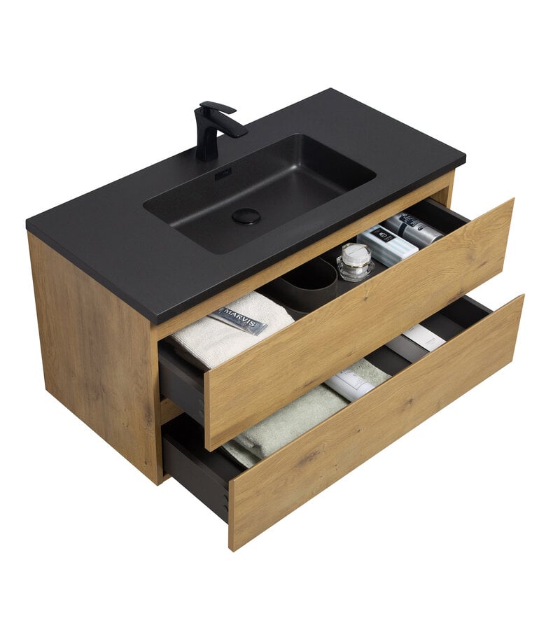 Badplaats Badkamermeubel Angela 100cm - Zwarte Wastafel - Eiken
