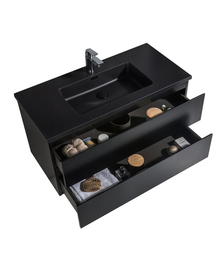 Badplaats Badkamermeubel Angela 100cm - Zwarte Wastafel - Mat Zwart