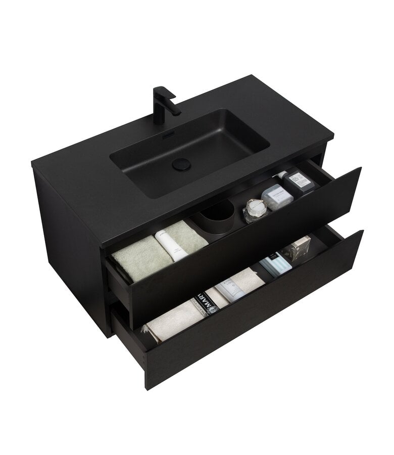 Badplaats Badkamermeubel Angela 100cm - Zwarte Wastafel - Zwart Houtnerf