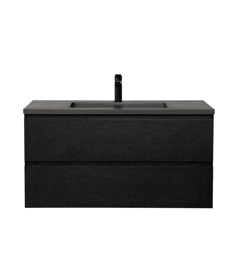 Badplaats Badkamermeubel Angela 100cm - Zwarte Wastafel - Zwart Houtnerf