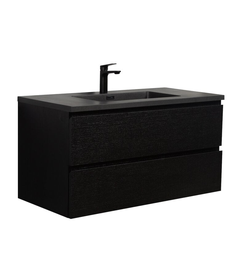 badplaats Badkamermeubel Angela 100cm - zwarte wastafel - zwart houtnerf