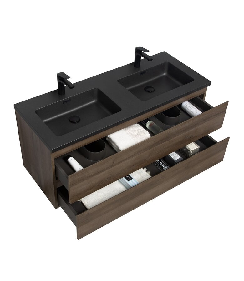 Badplaats Badkamermeubel Angela 120cm - Bruin Eiken - Zwarte Wastafel