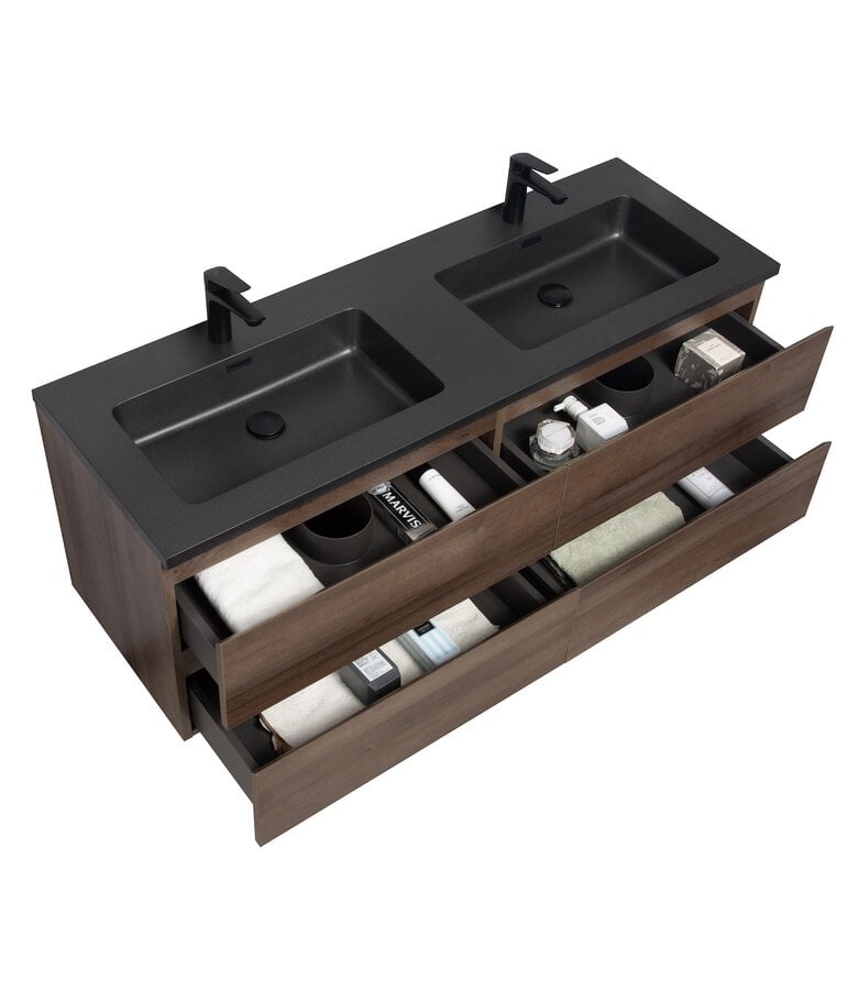 Badplaats Badkamermeubel Angela 140cm - Bruin Eiken - Zwarte Wastafel