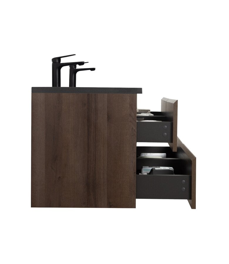 Badplaats Badkamermeubel Angela 140cm - Bruin Eiken - Zwarte Wastafel