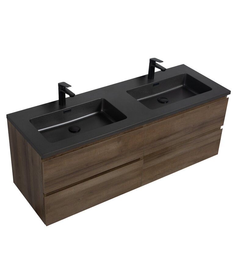 Badplaats Badkamermeubel Angela 140cm - Bruin Eiken - Zwarte Wastafel