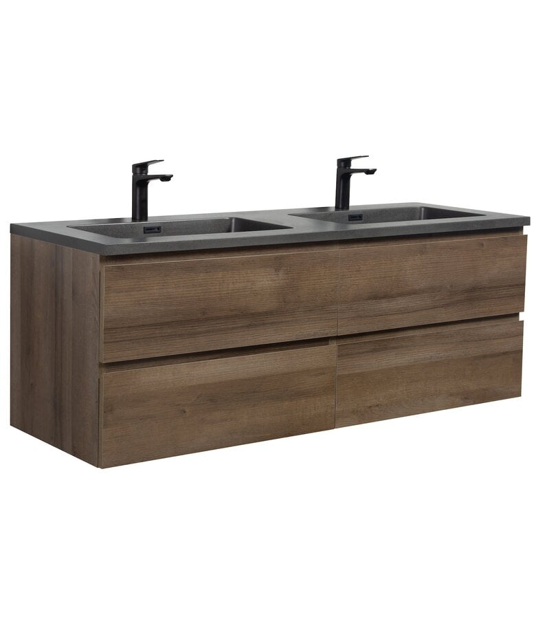 badplaats Badkamermeubel Angela 140cm - bruin eiken - zwarte wastafel