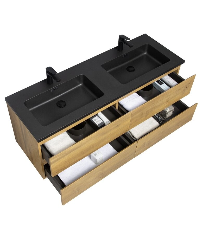 Badplaats Badkamermeubel Angela 140cm - Zwarte Wastafel - Eiken