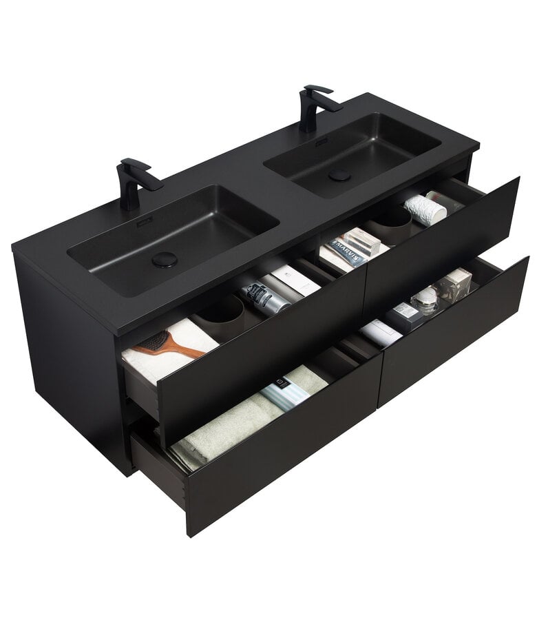 Badplaats Badkamermeubel Angela 140cm - Zwarte Wastafel - Mat Zwart