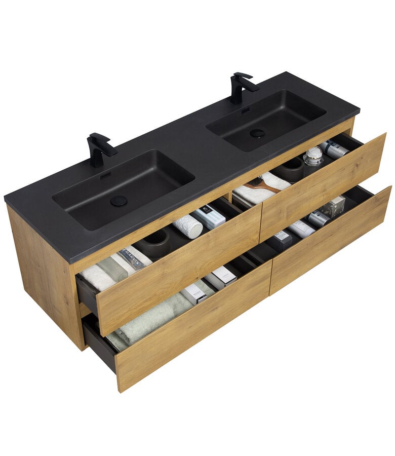 Badplaats Badkamermeubel Angela 160cm - Zwarte Wastafel - Eiken