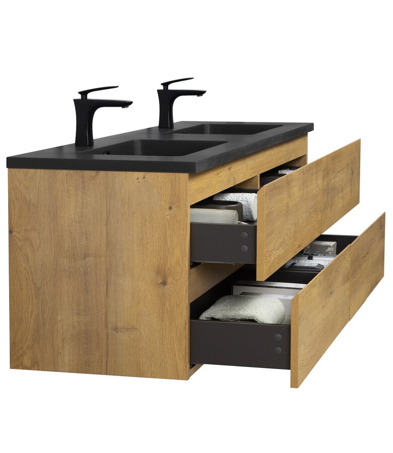 Badplaats Badkamermeubel Angela 160cm - Zwarte Wastafel - Eiken