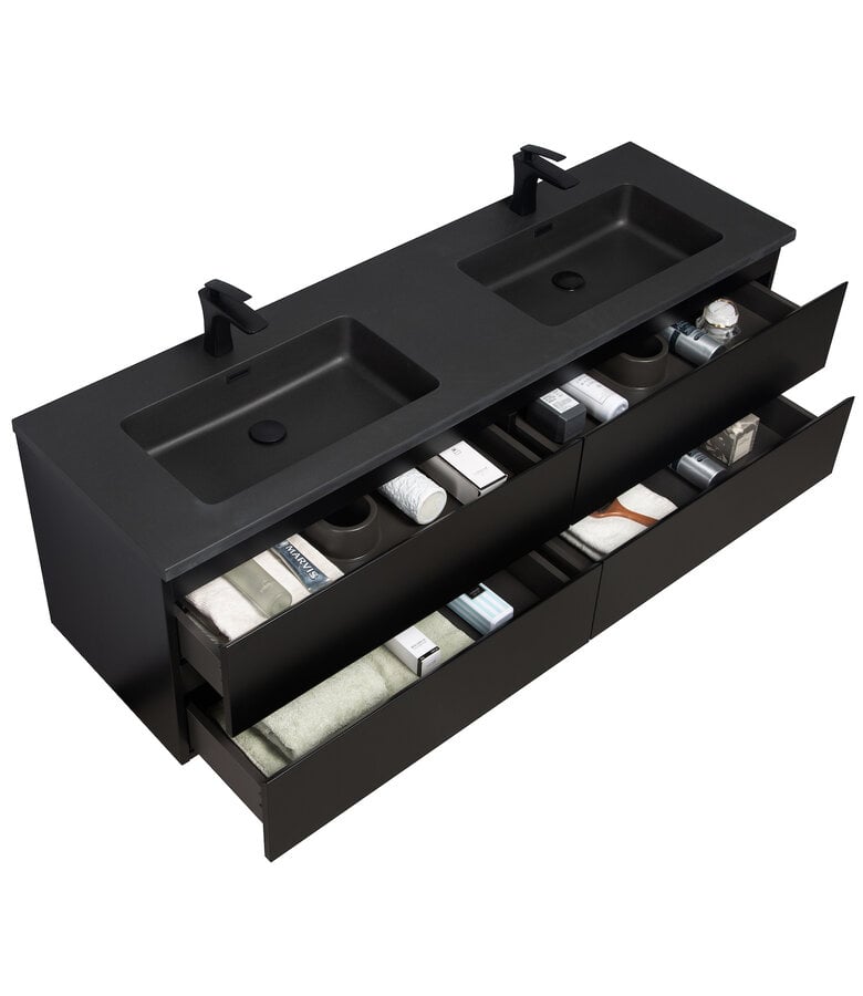 Badplaats Badkamermeubel Angela 160cm - Zwarte Wastafel - Mat Zwart