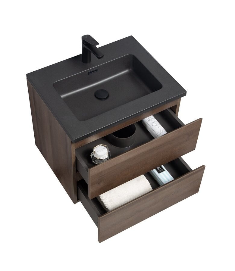 Badplaats Badkamermeubel Angela 60cm - Bruin Eiken - Zwarte Wastafel