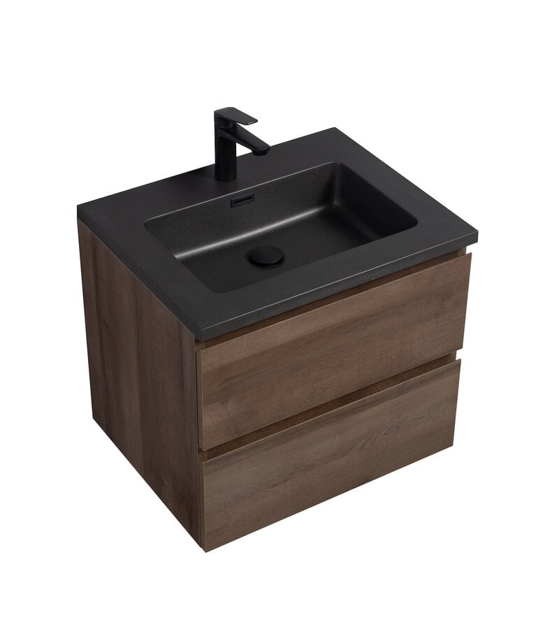 Badplaats Badkamermeubel Angela 60cm - Bruin Eiken - Zwarte Wastafel