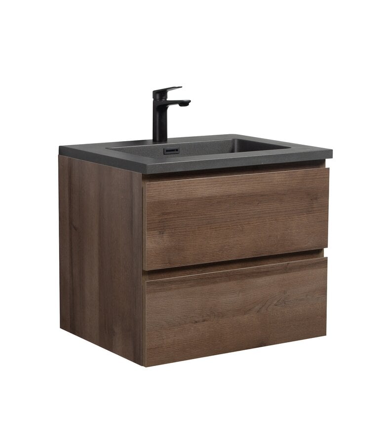 badplaats Badkamermeubel Angela 60cm - bruin eiken - zwarte wastafel