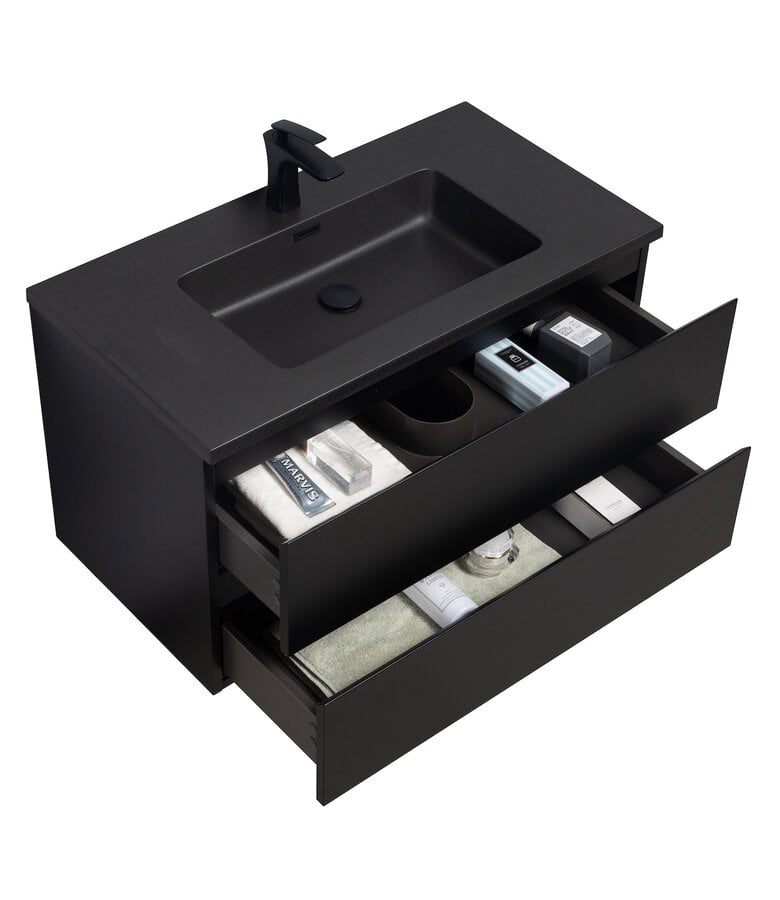 Badplaats Badkamermeubel Angela 90cm - Zwarte Wastafel - Mat Zwart