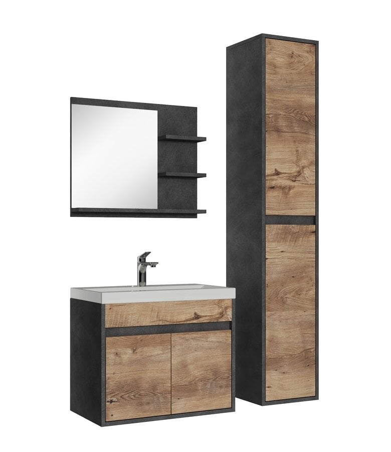 badplaats Badkamermeubel India 60cm complete set met spiegel - donker grijs met kastanje eiken