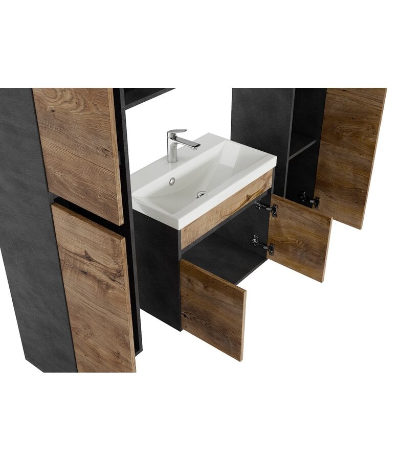 Badplaats Badkamermeubel India XL 60cm Complete Set Met Spiegel - Donker Grijs Met Kastanje Eiken