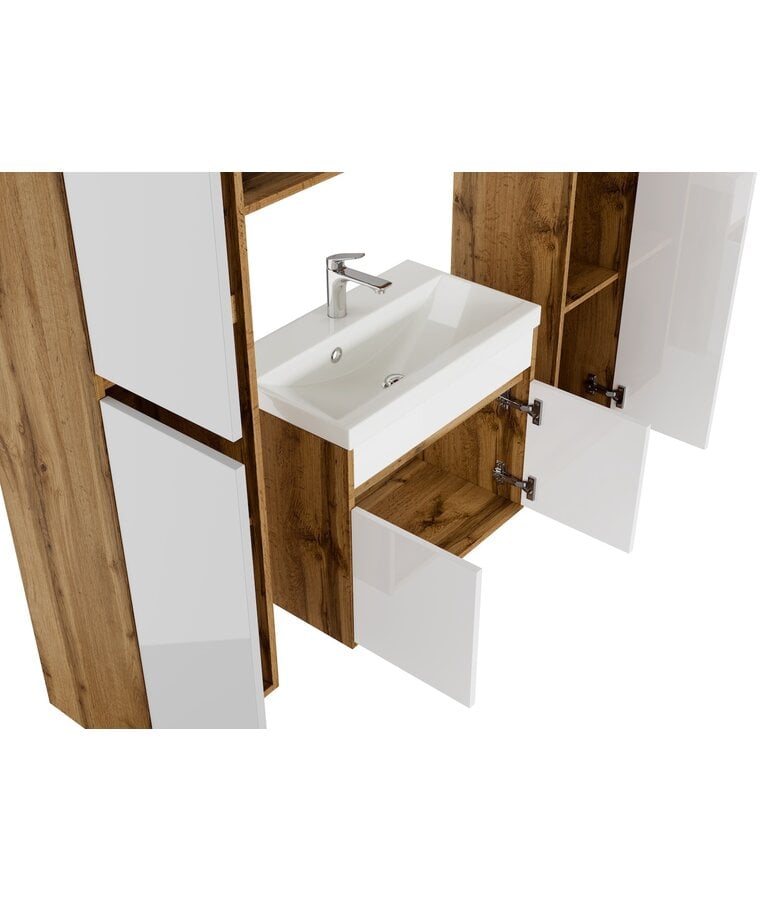 Badplaats Badkamermeubel India XL 60cm Complete Set Met Spiegel - Eiken Met Hoogglans Wit