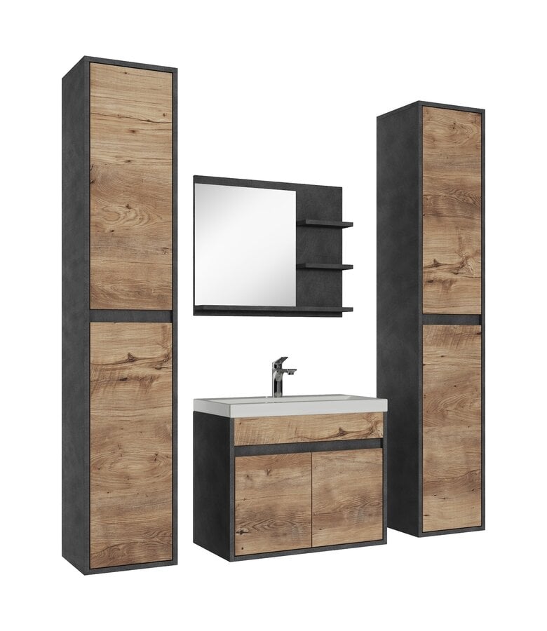 badplaats Badkamermeubel India XL 60cm complete set met spiegel - donker grijs met kastanje eiken