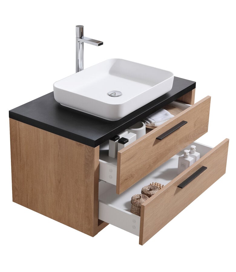 Badplaats Badkamermeubel Indiana 90cm Met Spiegel - Eiken Met Zwart Houtnerf