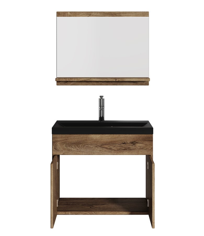 Badplaats Badkamermeubel Montreal 02 60cm Met Spiegel - Bruin Eiken - Zwarte Wastafel