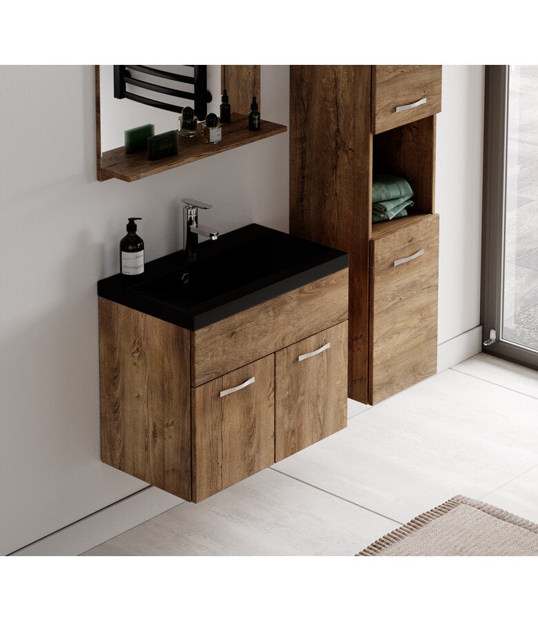 Badplaats Badkamermeubel Montreal 02 60cm Met Spiegel - Bruin Eiken - Zwarte Wastafel