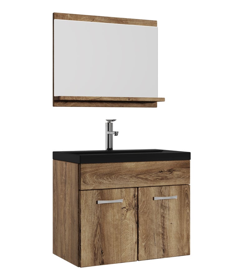 badplaats Badkamermeubel Montreal 02 60cm met spiegel - bruin eiken - zwarte wastafel