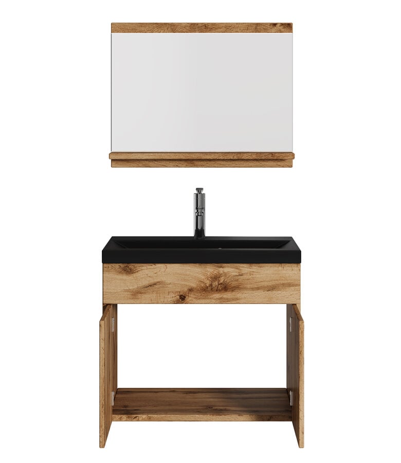 Badplaats Badkamermeubel Montreal 02 60cm Met Spiegel - Eiken - Zwarte Wastafel